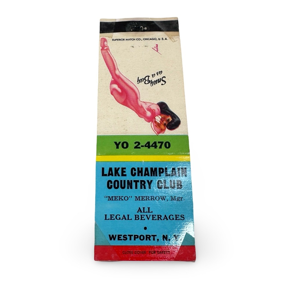 Vintage Lake Champlain Country Club Matchbook Cover Pinup Girl Snug as a Bug NY